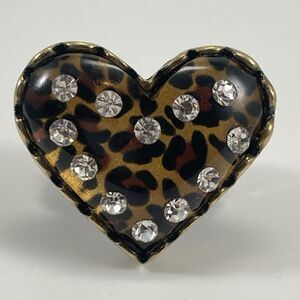 Vintage Betsey Johnson Heart Animal Print Antique Gold Tone Stretch Ring